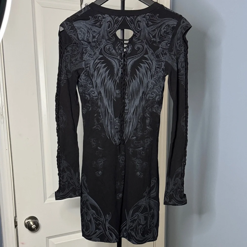 Black Rhinestone Cross & Wings Long Sleeve Mini Dress - Picture 4 of 4